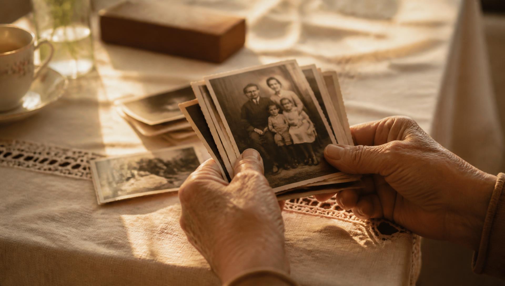 Manos mayores sosteniendo fotografías familiares antiguas junto a una ventana