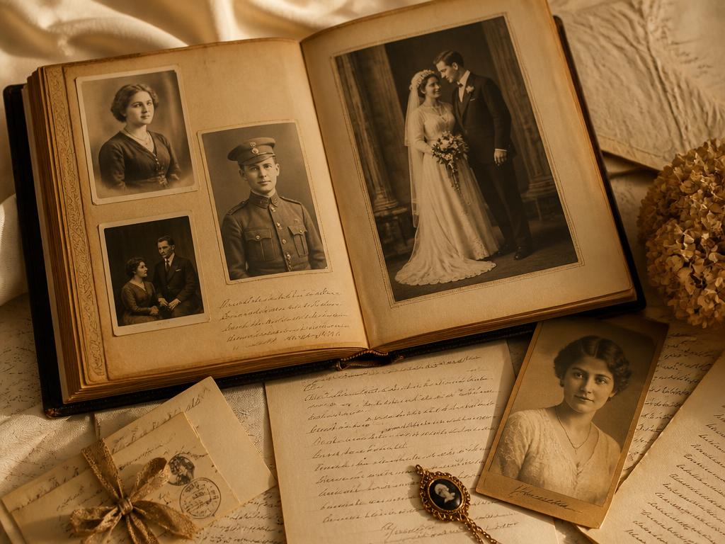Álbum familiar abierto con retratos antiguos y cartas manuscritas